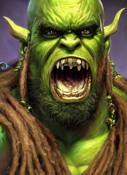 Prompt: portrait of orc thrall, warchief of the horde. large lower canines, dreadlocks, green skin, heavily muscled, fantasy digital art by eugene de blaas, ross tran, and nasreddine dinet, vibrant color scheme, intricately detailed, in the style of romanticism, cinematic, artstation, greg rutkowski