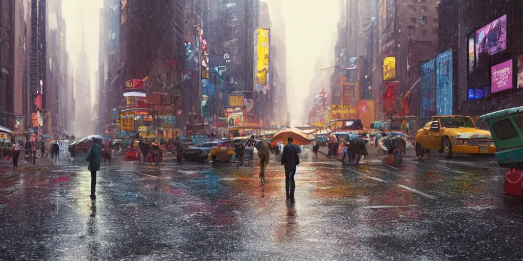 Image similar to a film still of a street scene on a rainy but colourful day in new york. wide shot, wes anderson, studio ghibli, pixar and disney animation, sharp, rendered in unreal engine 5, anime key art by greg rutkowski, bloom, dramatic lighting