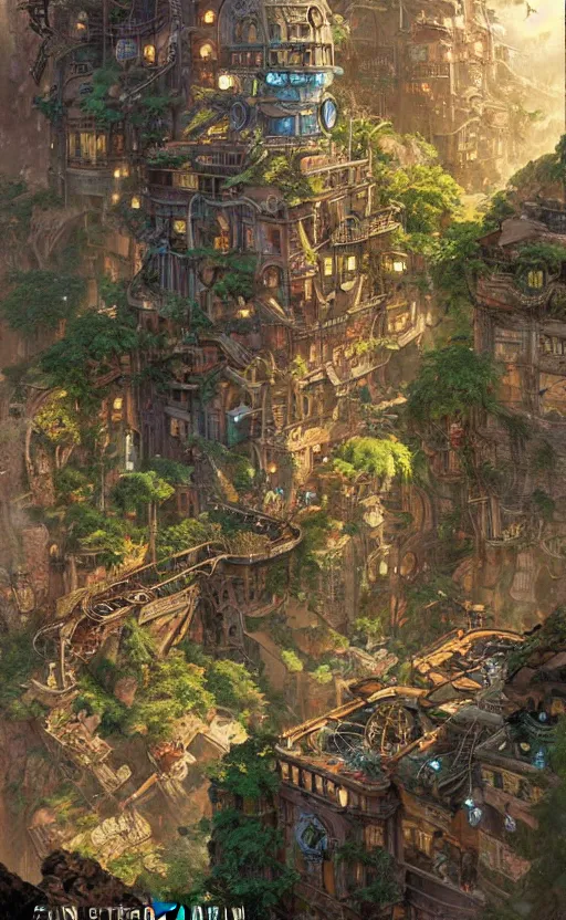 Image similar to steampunk city on a cliff, dense foliage poster art by kim jung giu and weta studio, and lucasfilm and jesper ejsing and norman rockwell greg rutkowski frank frazzeta