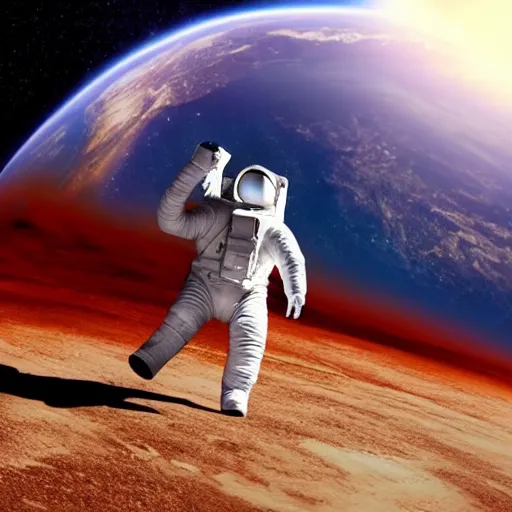 Image similar to astronaut is being chased by an alien in space, earth, 4k photography, space