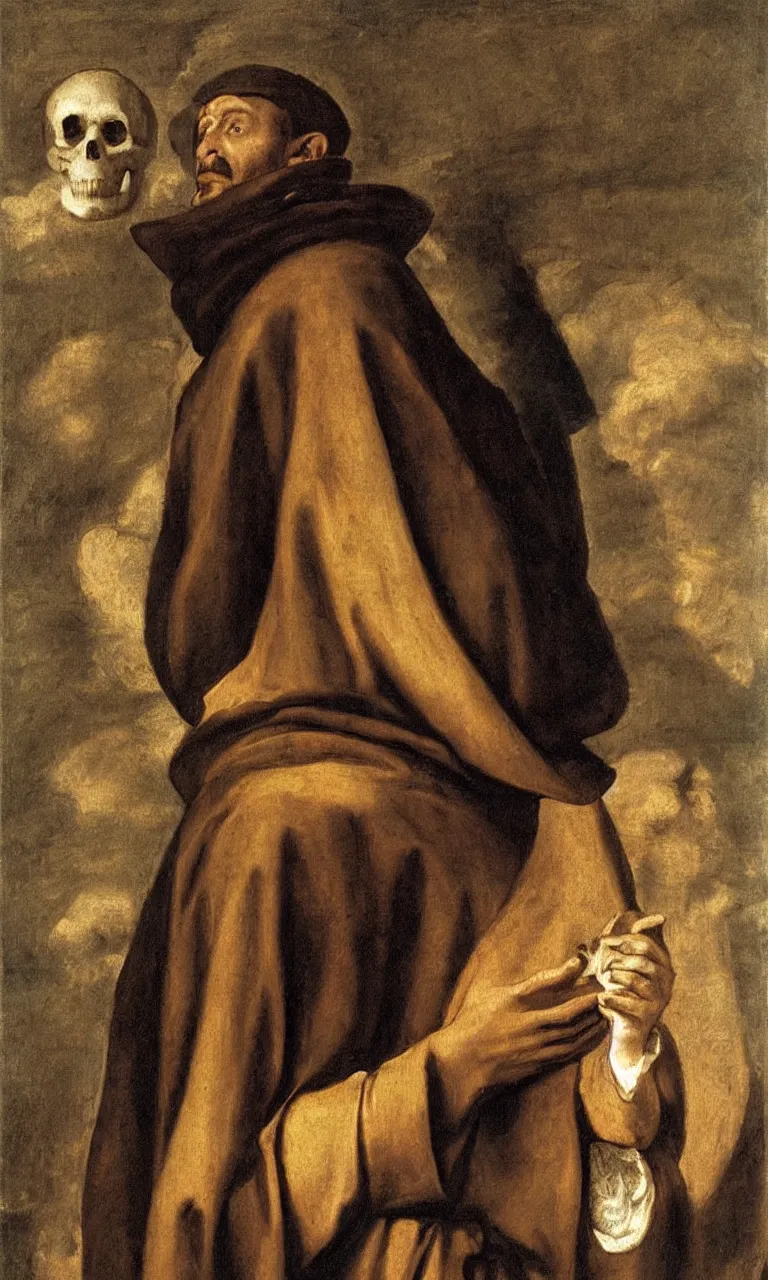Prompt: Saint Francis of Assisi wearing brown habit and hood looking at a skull, Painting by Murillo