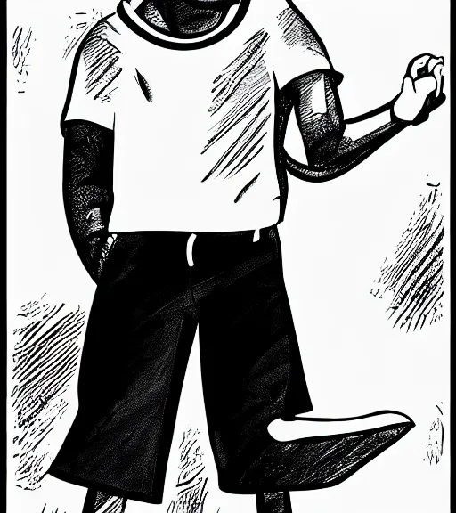 Prompt: man wearing black shorts and oversized white t - shirt and futuristic sunglasses. standing in 3 / 4 angle to the camera. illustration in disney comics style on white background. s - w 5 7 6