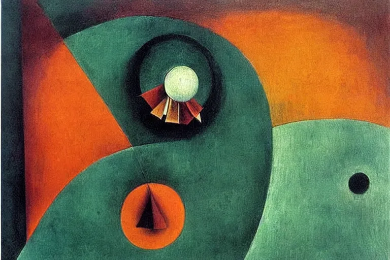 Image similar to born under a bad sign, good luck and trouble are my only friends, colors white!!, orange, dark green, dark blue, abstract oil painting by leonora carrington, by max ernst