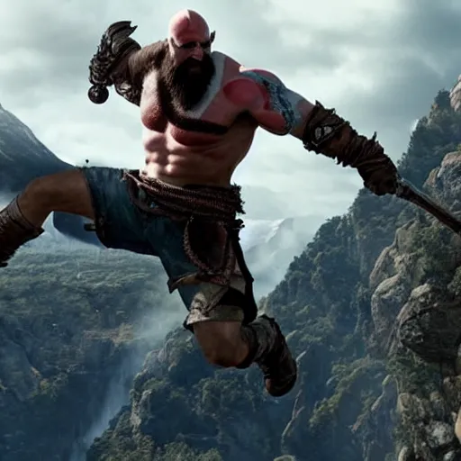 Image similar to kratos, with leviathan axe, jumping a black harley - davidson motorcycle off a cliff, cinematic render, playstation studios official media, god of war 2 0 1 8