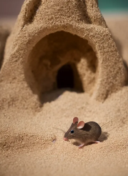 Image similar to dslr photo still of a mouse inside a sand castle, 8 k, 8 5 mm f 1. 4