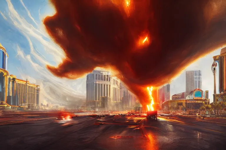 Image similar to a fire tornado going through the las vegas strip, matte painting, long shot, concept art, wide shot, digital art, trending on artstation, 4 k, extremely detailed, realistic, midday, warm colors, golden sunlight, by greg rutkowski, cinematic, epic