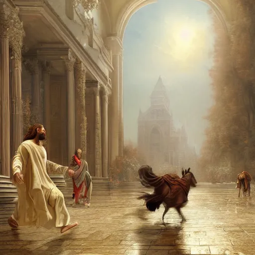 Prompt: a detailed picture of jesus chasing away the merchants in the temple, thrown tables, scattered gold coins, fleeing merchants, fantasy, intricate, elegant, highly detailed, digital painting, artstation, matte, sharp focus, illustration, vaporwave style, art by greg rutkowski and rembrandt