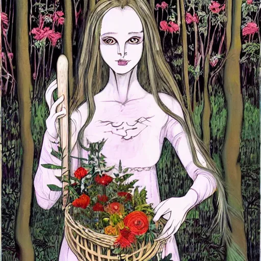 Image similar to In the conceptual art Vasilisa can be seen standing in the forest, surrounded by animals. She is holding a basket of flowers in one hand and a spindle in the other. Her face is turned towards the viewer, with a gentle expression. In the background, the forest is depicted as a dark and mysterious place. light, face paint by Junji Ito