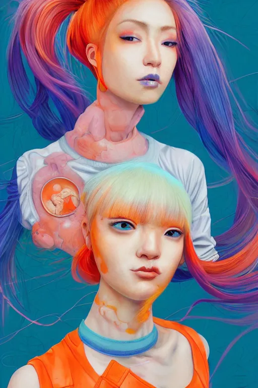 Image similar to a award winning half body portrait of a beautiful caucasian woman in a croptop and cargo pants with ombre orange blue teal hairstyle with head in motion and hair flying by yoshii chie and hikari shimoda and martine johanna and will eisner, outrun, vaporware, digital art, trending on artstation, highly detailed, fine detail, intricate