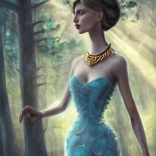 Prompt: stunning elegant lady portrait with intricate jewelry standing arms raised, present in time among a twisted devolved forest, god rays, soft focus, 8k, digital painting with rough brushstrokes, high contrast, instagram