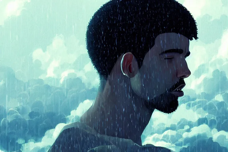 Image similar to Pixiv Digital art Full Body Extreme Detailed Full and Isolated and singular portrait of Drake crying tears sitting on a Cloud in the sky. His tears pour down like rain in the scene is full of clouds and raining by Ilya Kuvshinov and Greg Rutkowski