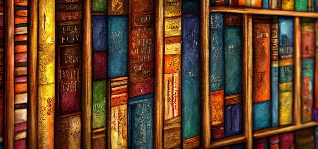 Image similar to close up of a wizard\'s bookshelf, colorful, rule of thirds, award winning, extreme detail, photorealistic digital art, trending on artstation