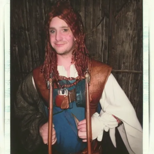 Image similar to polaroid photo from 1998 fantasy cosplay ren-fair of a fellowship at a tavern