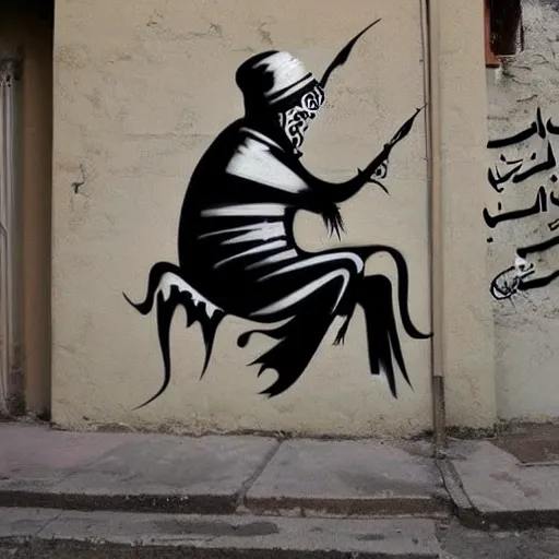 Image similar to arabic calligraphy, transylvanian folk art, in the style of graffiti, made by banksy