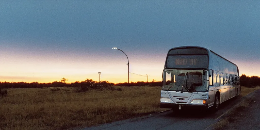 Prompt: exterior of a greyhound bus in the middle of nowhere, sunset, eerie vibe, leica, 2 4 mm lens, cinematic screenshot from the 2 0 0 1 film directed by charlie kaufman, kodak color film stock, f / 2 2, 2 4 mm wide angle anamorphic