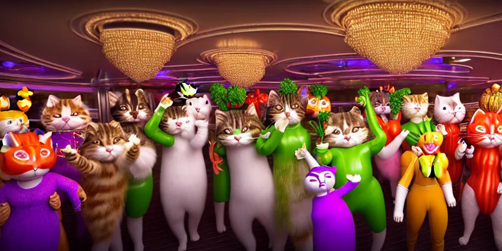 Image similar to 8 k uhd cinema 4 d, octane render of multiple cats dressed as vegetables with vegetables as masks, vegetables dressed as cats with fluffy tails, line dancing at a party, in the ballroom of a luxury cruise liner, beautiful chandeliers from the ceiling, ultra realistic, group photography, 1 0 5 mm lens, multi coloured volumetric lighting