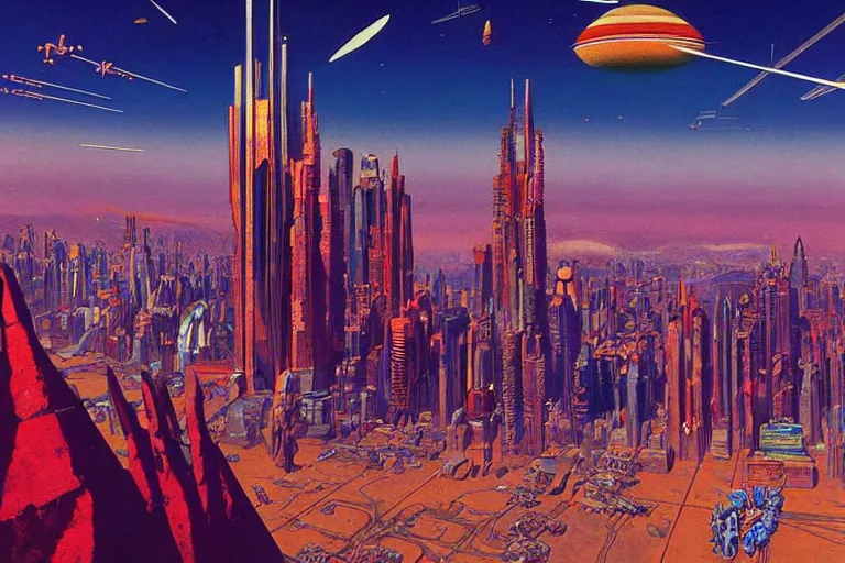 Prompt: cloisonnism painting of megacity 1 from judge dredd megacity 1 from judge dredd in no mans sky no mans sky | masterpiece syd mead moebius