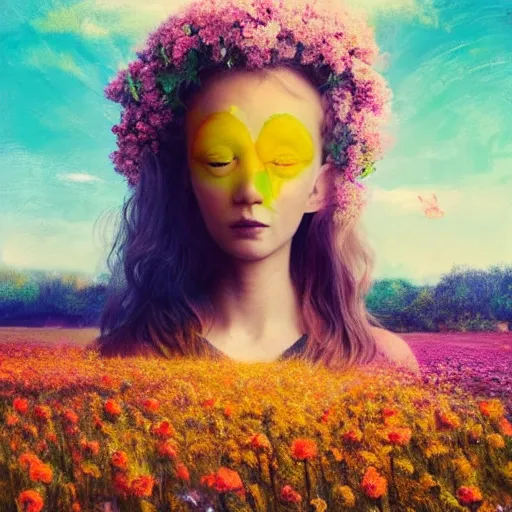 Prompt: girl with a blooming flower for a head, surreal photography, dream, standing in flower field, magical, in a valley, sunrise dramatic light, impressionist painting, colorful clouds, artstation, simon stalenhag, blooming flower face