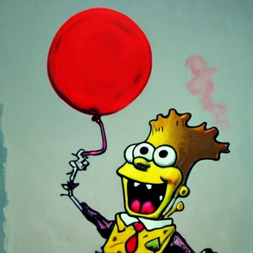 Image similar to grunge painting of spongebob with a wide smile and a red balloon by chris leib, loony toons style, pennywise style, corpse bride style, horror theme, detailed, elegant, intricate