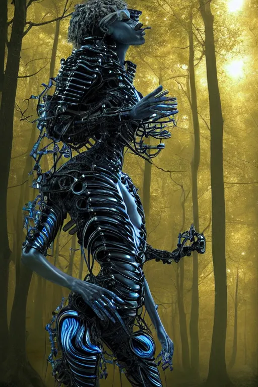 Prompt: neo-surreal very beautiful! black woman, detailed exoskeleton armor, in a forest sun behind, digital art brad kunkle elson peter, dramatic blue light low angle hd 8k sharp focus