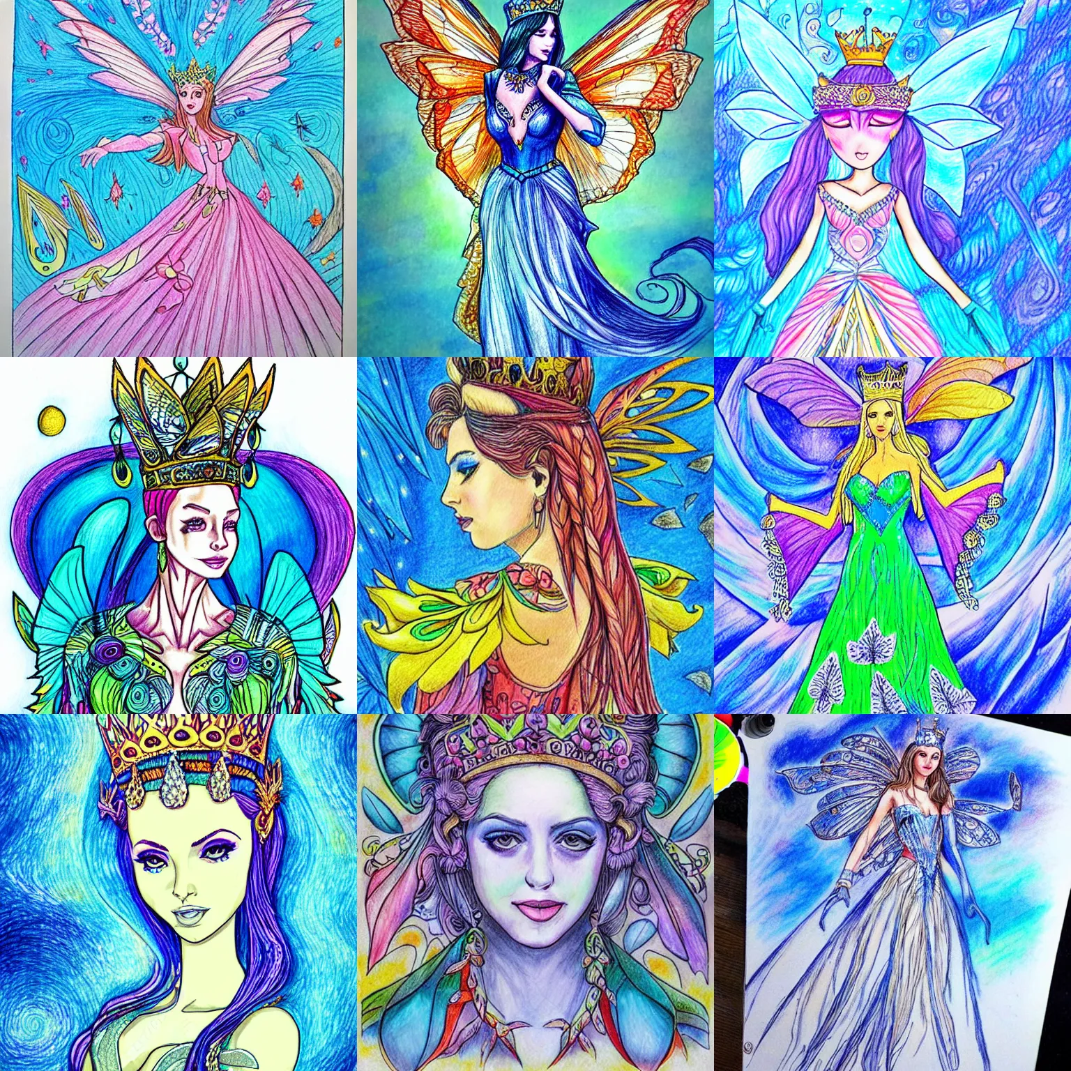 Prompt: fantasy colorfull pen drawing of queen of fairies on blue sky