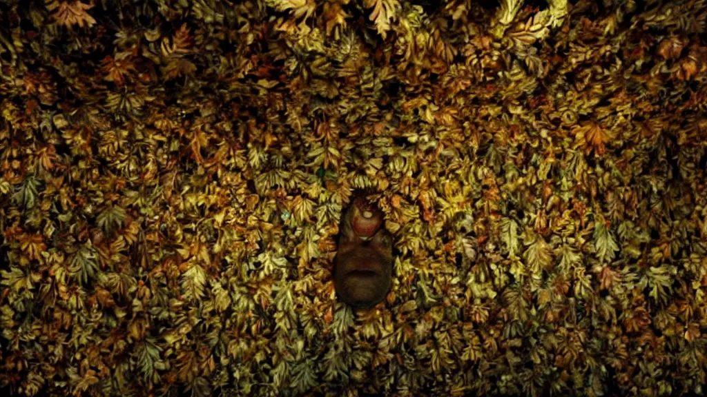 Image similar to the strange creature on the ceiling, made of and leaves and wax, film still from the movie directed by Denis Villeneuve with art direction by Salvador Dalí, wide lens