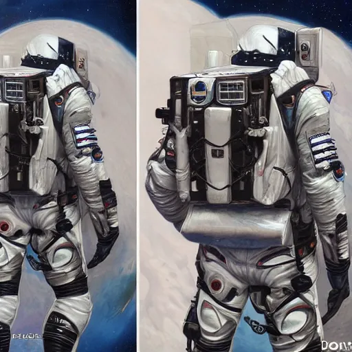 Image similar to Front, side and back character view of Astronaut from Kojima Productions by Artgem and Donato Giancola, trending on Artstation concept arts