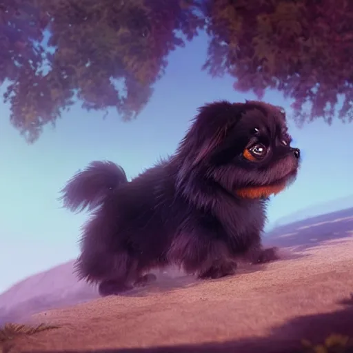 Image similar to a wholesome animation key shot of black tibetan spaniel, studio ghibli, pixar and disney animation, sharp, rendered in unreal engine 5, anime key art by greg rutkowski, bloom, dramatic lighting