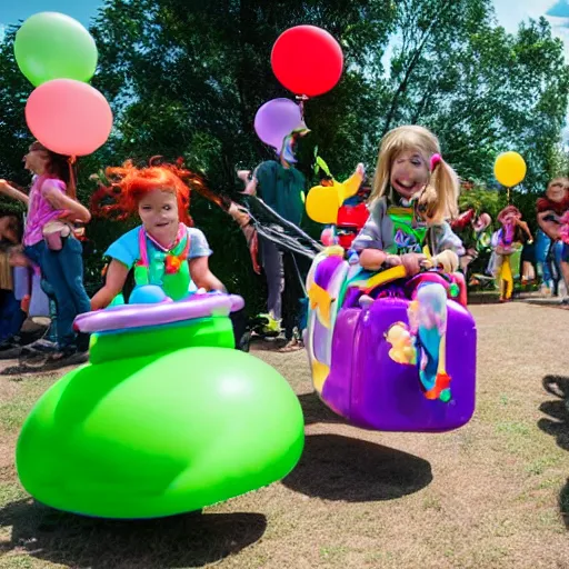 Prompt: children from Toy Story riding (my little pony) at a birthday party in the city park. balloons, cake, presents, craziness, havoc, by Pixar