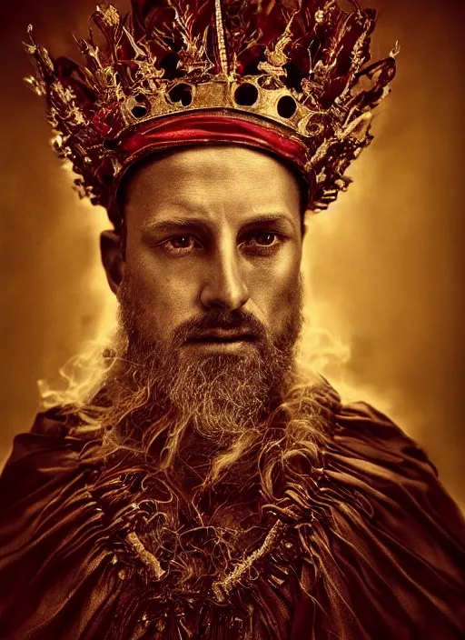 Image similar to 'Portrait of Crowned King Arthur' by Lee Jeffries royally decorated, whirling plasma, atmospheric motes, red and gold Sumptuous garb, gilt silk fabric, radiant colors, fantasy, perfect lighting, studio lit, micro details,