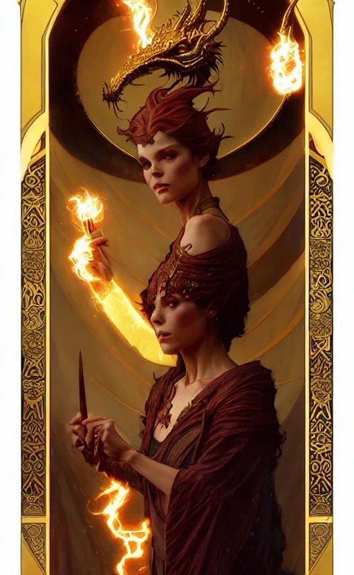 Image similar to magic gold dragon gorgeous lighting by weta studio, mucha, bautista and norman rockwell and greg rutkowski and tom bagshaw and james gurney and lucasfilm