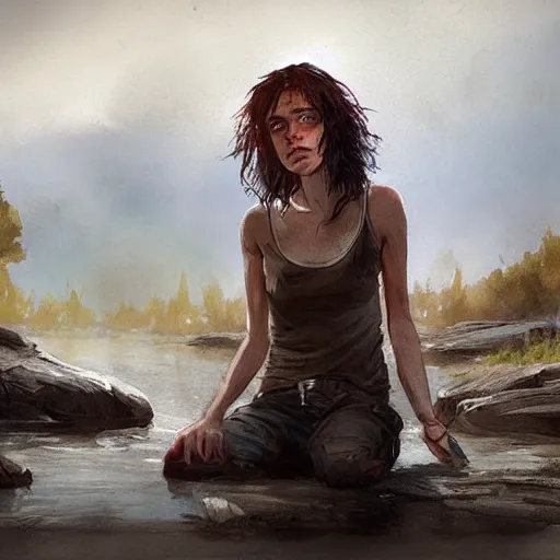 Image similar to clementine from walking dead sitting by a river with jj by greg rutkowski