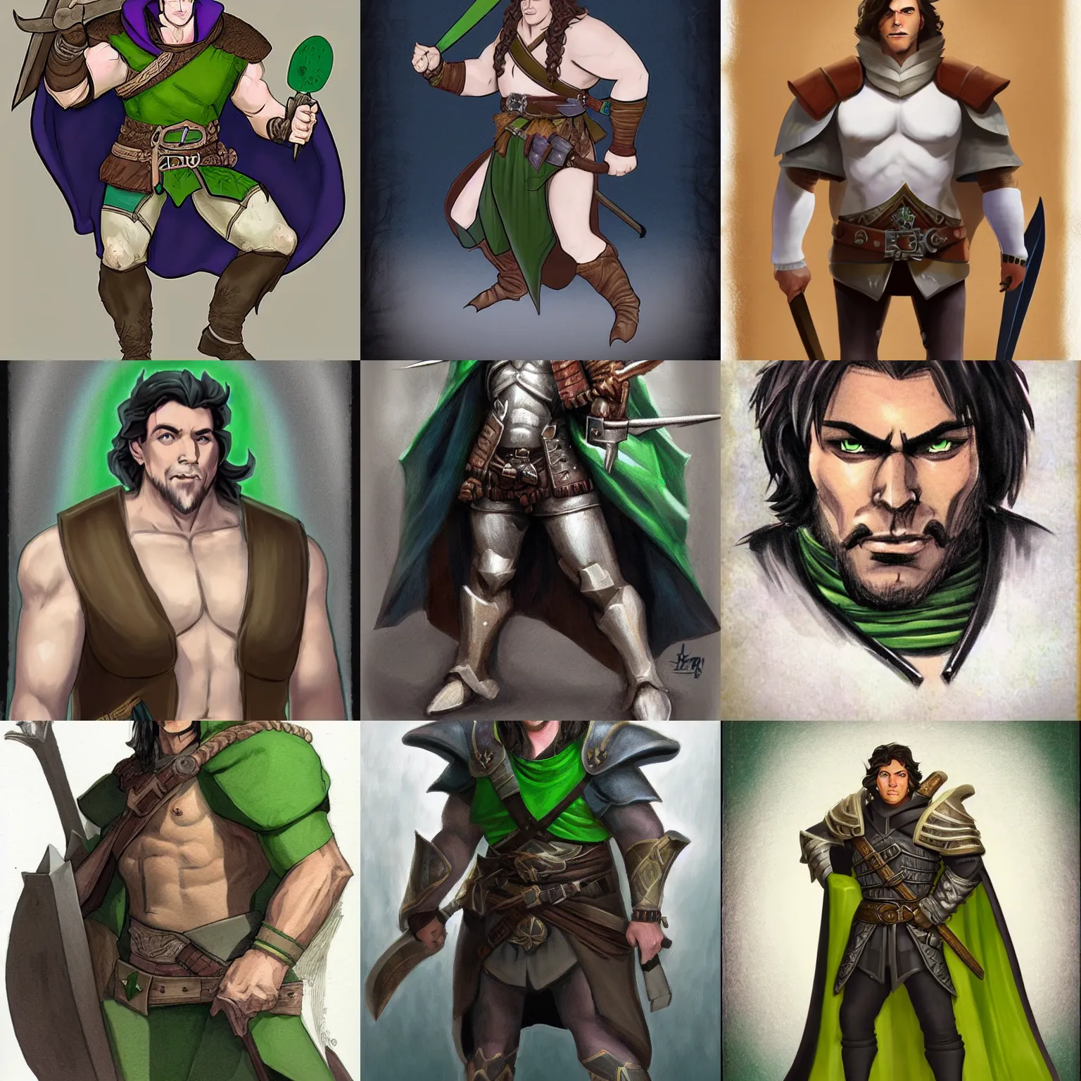 Prompt: DND Portrait: Six foot one, 240 pound, white male, Dark Hair, Green Eyes, Muscular Paladin