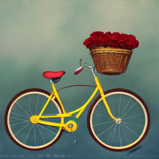 Image similar to a beautiful storybook painting of a vintage yellow Schwinn bicycle with a basket of red roses on the front propped up against a blue wall, anime style by Grzegorz greg rutkowski and Studio Ghibli, nostalgic heart-warming, trending on artstation hq