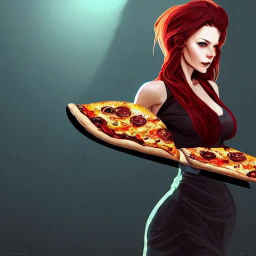 Image similar to skinny pale lady in black dress with red hair holding pizza, Apex Legends character, digital illustration portrait design, by android jones and greg rutkowski, retrowave color scheme, detailed, cinematic lighting, wide angle action dynamic portrait