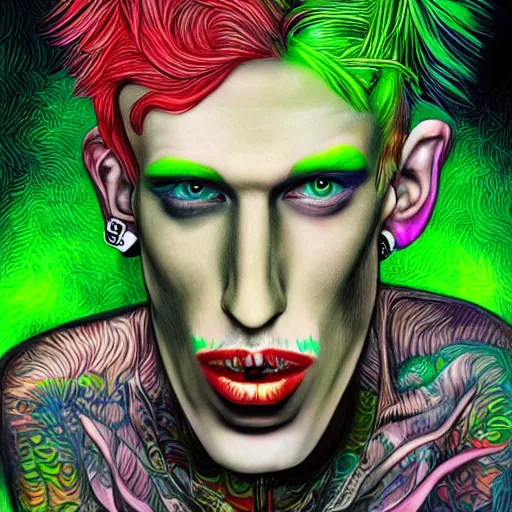 Image similar to an extremely psychedelic portrait of mgk as the riddler, surreal, lsd, face, detailed, intricate, elegant, lithe, highly detailed, digital oth, sharp focus, illustration,