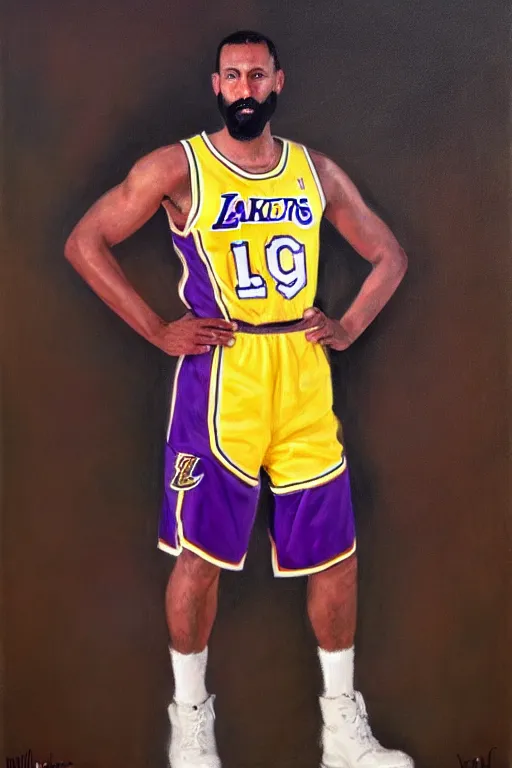 Image similar to full body portrait of the dictator of the los angeles lakers, 1 9 5 5, in full military garb, oil on canvas by william sidney mount, trending on artstation