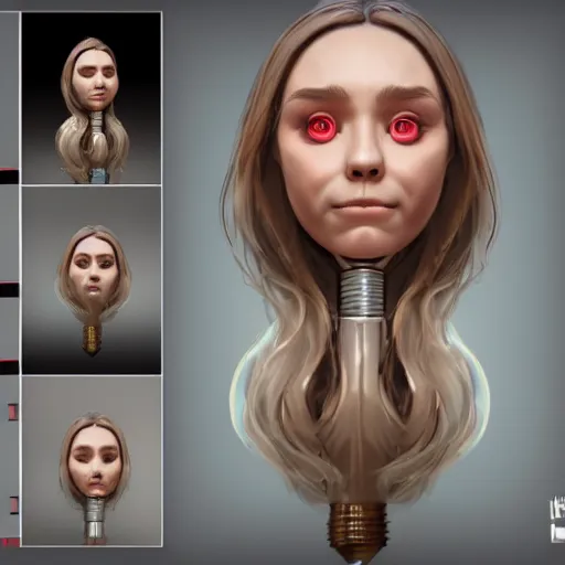 Image similar to anthropomorphic lightbulb has an elizabeth olsen face, trending on zbrush, unreal engine 5, cgsociety contest winner, intricate, detailed, 4 k quality, concept art