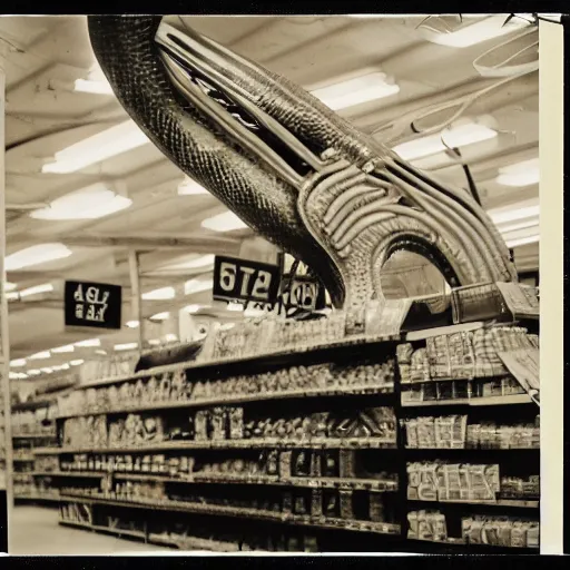 Image similar to vintage photograph of a futuristic time quetzalcoatl inside a grocery store, shallow depth of field, awkward, out of place, polaroid 6 0 0 color