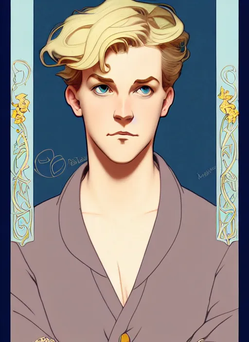 Image similar to art nouveau portrait of a pretty young man with short blond hair, light blue eyes, sad expression, scared, head down, natural lighting, path traced, highly detailed, high quality, cartoon, digital painting, by don bluth and ross tran and studio ghibli and alphonse mucha