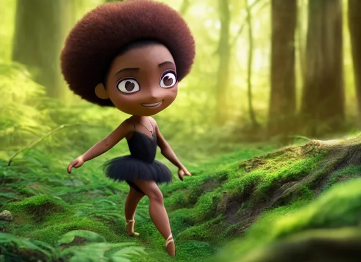 Image similar to black prima ballerina as nendoroid walking in a forest in the croods movie style, anime, disney, pixar, 8 k, hd, dof, kodak film, volumetric lighting, subsurface scattering, photorealistic, octane render, details