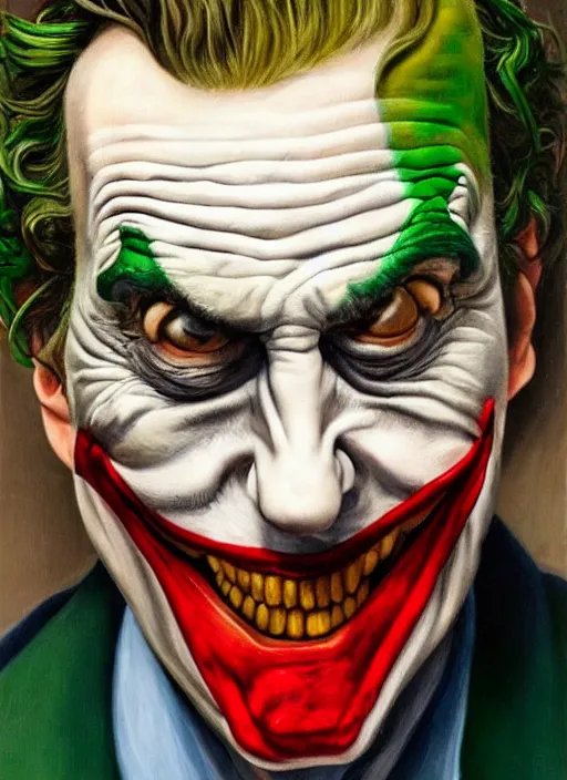 Image similar to The Joker, painted by Lucian Freud, highly detailed, 8k