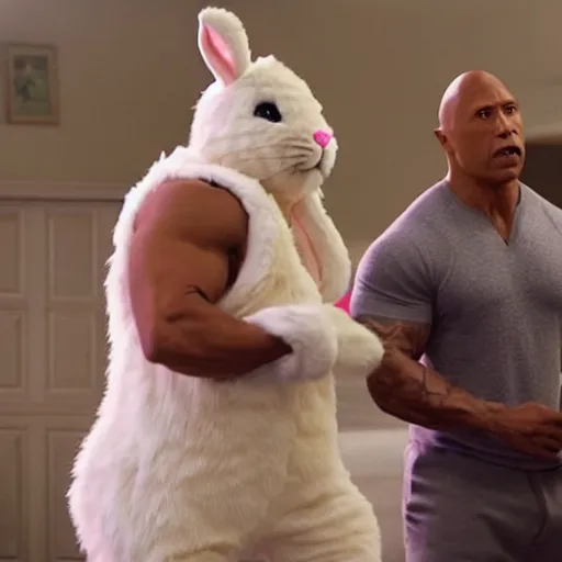 Image similar to Kevin Hart dressed in a bunny costume with Dwayne the Rock Johnson in a movie