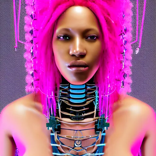 Image similar to portrait of a beautiful caribbean woman with pink hair as a cyberpunk cyborg half robot, revealing wires and electronics, circuit boards, wire management, sci - fi, missing panels, intricate abstract upper body intricate artwork, concept art, octane render, deviantart, cinematic, key art, hyperrealism, iridescent accents, portrait photograph, nikon 3 5 mm, photograph by greg rutkowski