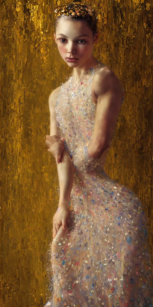 Image similar to an intricate portrait painting of an artistic pose young beautiful ballerina, klimt golden motives and textures, hyper - detailed, octane render, vivid colors, artstation, by jeremy mann, by gustav klimt