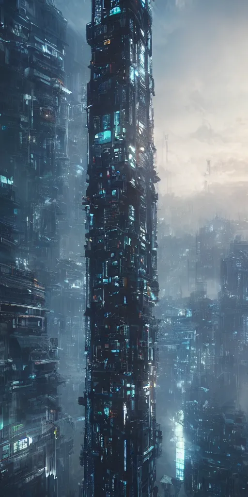 Prompt: extremely tall cyber punk skyscraper on top of tall forest mountain, realistic cinematic lighting, establishing action shot, ultra detailed, hyper realism, photo, octane render