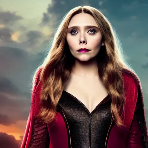 Image similar to A portrait of elizabeth olsen as scarlet witch (2021), cinematic, 8k