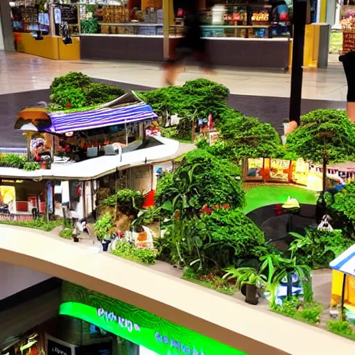 Prompt: A diorama of a shopping center in the middle of the Jungle