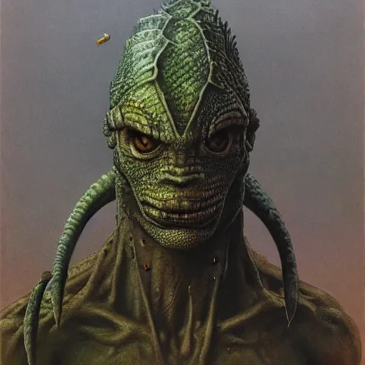 Image similar to lizardman warrior concept, tribal, beksinski