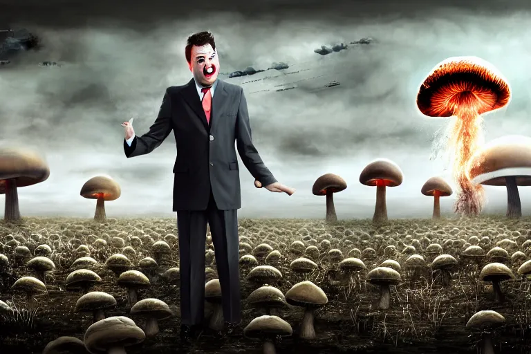 Image similar to a Comedian in suit and tie performing in a battle field with smiling dead bodies on the ground, comedian is funny, performing to dead soldiers, nuclear bomb mushroom cloud in far horizon, apocalypse, trending on artstation, artstationHD, hyperdetailed matte painting, highly detailed, digital painting, hyper-realistic, realistic, photorealistic